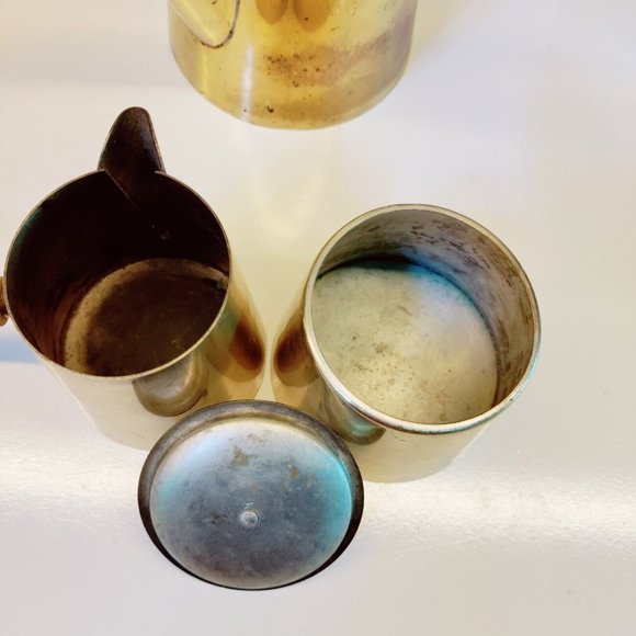 MCM Brass and Teak Japanese Tea Coffee Set Carafe Teapot Sugar Creamer Atomic - Picture 11 of 15